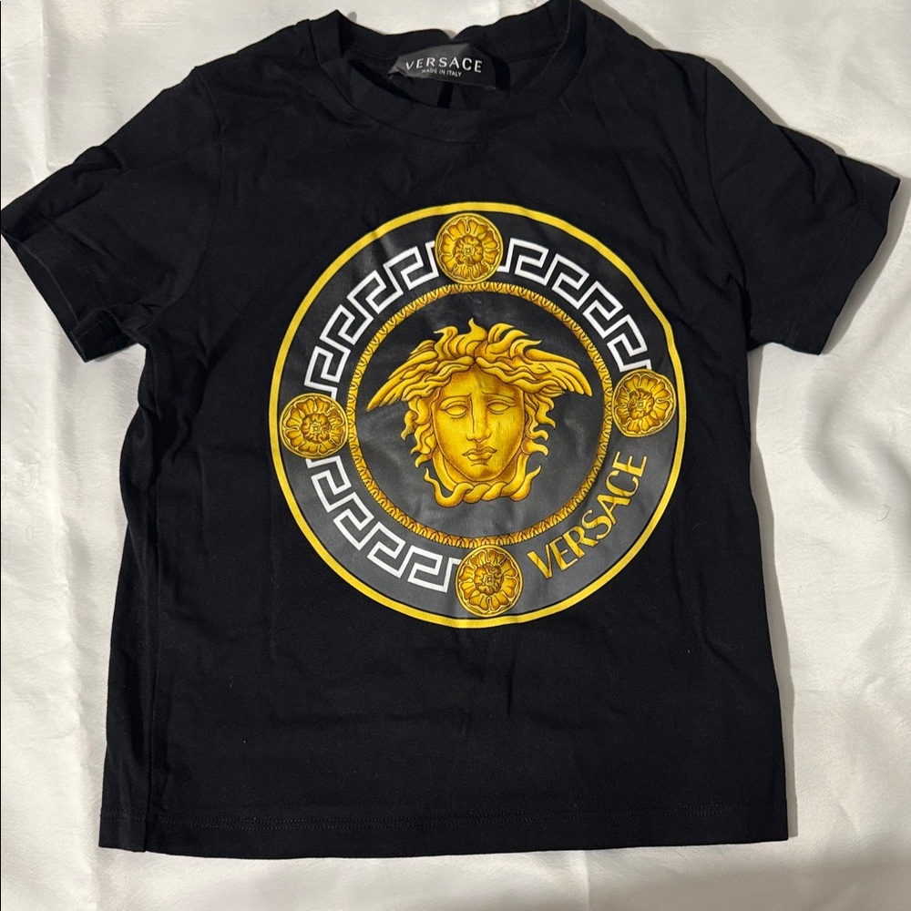 Versace Black Tee with Gold Medusa Emblem
